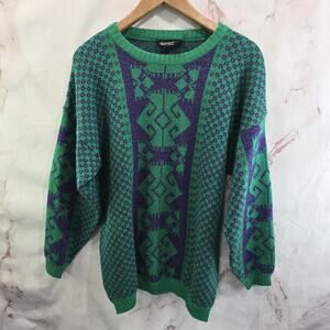 Vintage Sweater Womens Large Green Purple Oversized Nordic Sparkle Metallic
